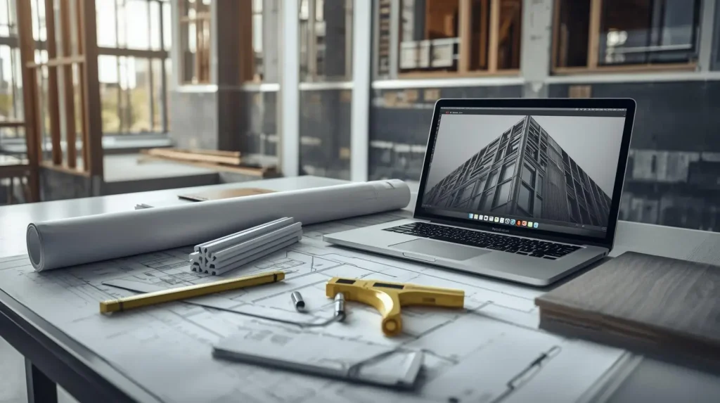 שרטוטי Shop Drawings הנדסיים של חזית מאווררת מונחים על שולחן עבודה, לצד סרגל מדידה, מחשב נייד פתוח על הדמיית בניין ולוחות חיפוי HPL – תכנון מקצועי של מערכת חיפוי חזיתות.